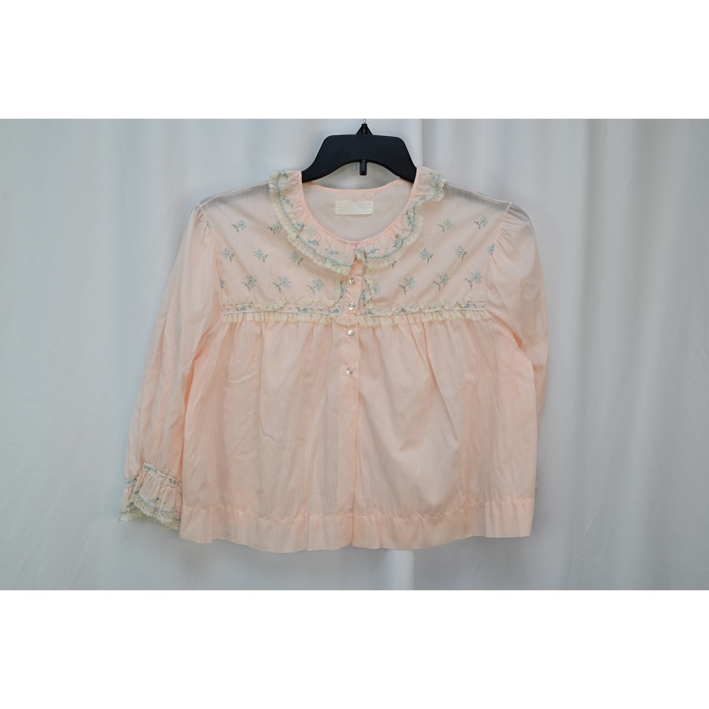 Vintage Pink Night Jacket Floral Embroidered Lace Trim 3/4 Sleeve Bed Coat